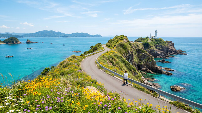 Scenic Coastal Road with Lighthouse and Wildflowers
