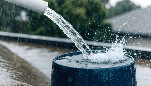 Rainwater flowing from rooftop downspout into blue barrel on rainy day