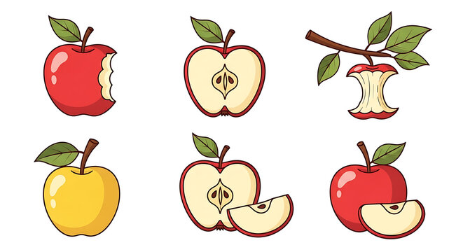 Pixel art collection of fresh apples, bitten apples, apple halves, and apple cores on a white background, healthy food icons