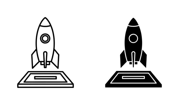 Rocket launch pad icon set for startup business growth