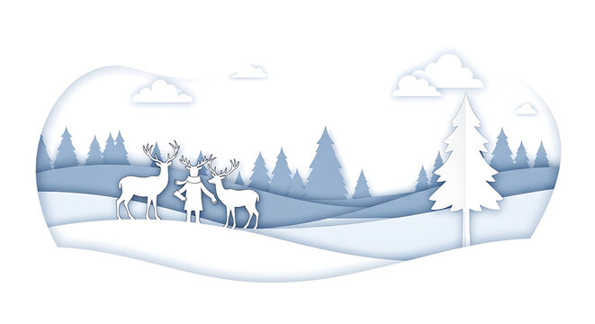 Paper cut winter landscape with reindeer and pine trees, serene snowy forest scene in blue and white tones, ideal for holiday cards and nature themes