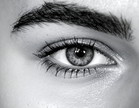 Close-up monochrome portrait of a person's left eye, highlighting its details