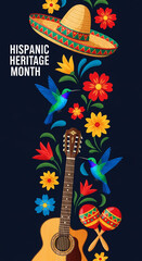Obraz premium Illustration of a sombrero, guitar, maraca, hummingbird, and flower, celebrating Hispanic Heritage Month, representing culture and tradition