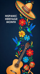 Fototapeta premium Illustration of traditional symbols: sombrero, guitar, maracas, hummingbird, and flowers, representing Hispanic Heritage Month celebration