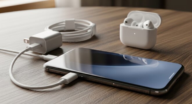 A smartphone connected to a charger with a pair of wireless earbuds in their case on a wooden table. The setup suggests a modern, tech-oriented environment.