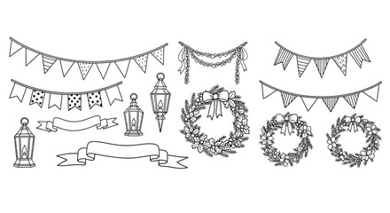 Hand drawn Christmas festive decorations set with wreaths lanterns and bunting. © Shal_Kafa_Alfattah