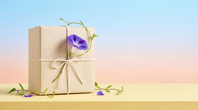Minimalist summer gift box made of recycled cardboard decorated with fresh morning glory isolated on white background