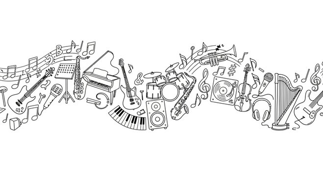 Seamless horizontal border pattern of various musical instruments and musical notes.