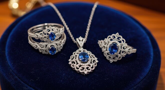 A jewelry set displayed on a blue velvet box, featuring a necklace, two rings, and a pendant with blue gemstones and intricate silver designs. 
