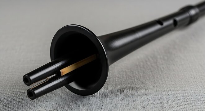 Close up of a black shawm instrument on a grey surface for music concept