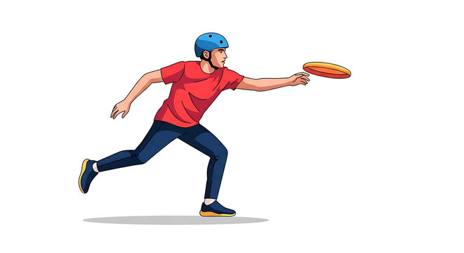 Pixel art man wearing helmet running and throwing a frisbee on a white background, retro style sports concept