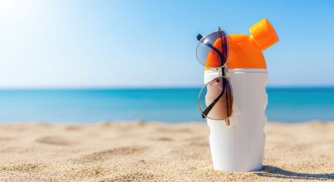 A bottle of sunscreen and sunglasses on a sandy beach with the ocean in the background under a clear blue sky.