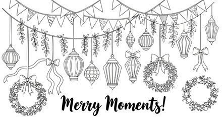 Christmas hand drawn line art festive garland decoration set. © Shal_Kafa_Alfattah