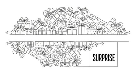 Fototapeta premium Black and white hand drawn sketch illustration of gift boxes with ribbons.