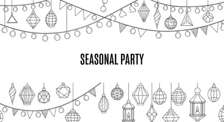 Hand drawn seasonal party festive lantern and bunting banner illustration. © Shal_Kafa_Alfattah