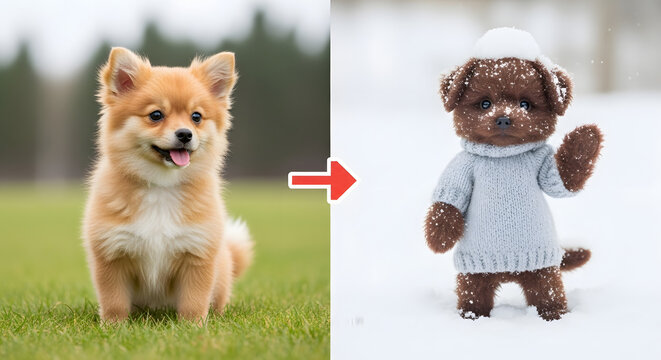 Transformation: From Sunny Day Puppy to Snowy Teddy Bear Dog