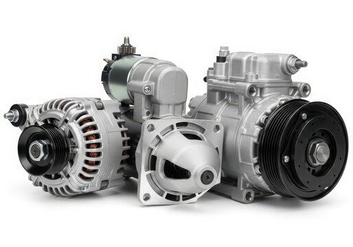 A collection of various automotive alternators and voltage regulators displayed together