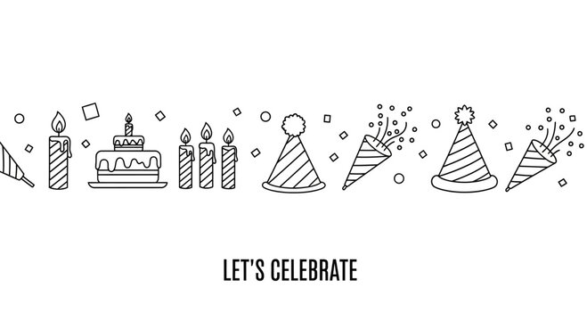 Hand drawn doodle birthday celebration elements in a horizontal line.