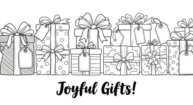 A line of hand drawn gift boxes with bows and tags for coloring.