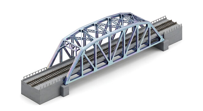Pixel art railway truss bridge with concrete supports and ballast on a white background, isometric view