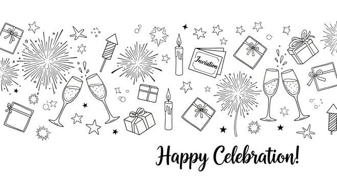 Hand drawn doodle border with festive celebration elements and text.
