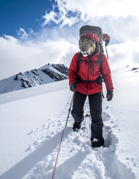 Composite image of a snow leopard head on a hiker in red jacket, traversing a snowy mountain trail under a cloudy sky
