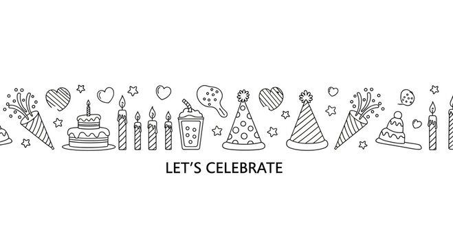 Hand drawn doodle border with party icons and lets celebrate text.