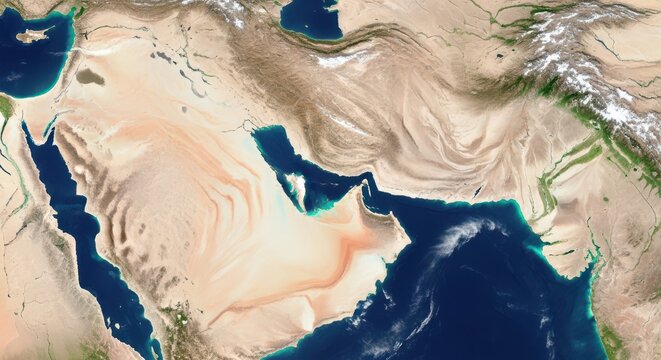 Middle East map, geographic region, desert landscape, satellite view