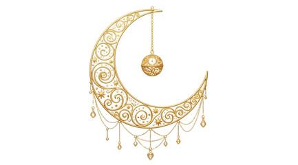 Ornate golden crescent moon with hanging decorative sphere and chains © S.Siam