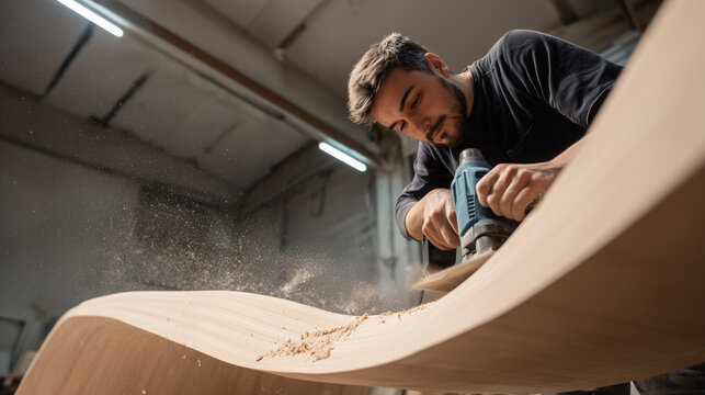 Carpenter shapes curved wooden stair element using electric jigsaw. Wood dust flies in modern workshop. Skilled craftsmanship, furniture production, precision woodworking process.