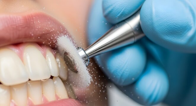 Close up of a dental procedure a dentist utilizing a high speed handpiece for tooth cavity preparation and restoration