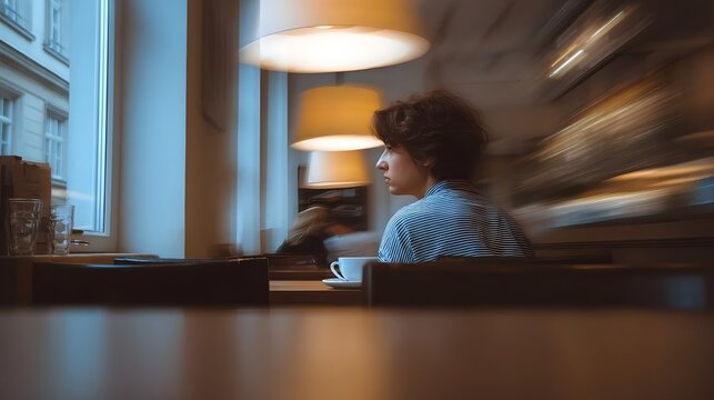 A contemplative individual sits by a window in a modern cafe capturing a quiet moment of reflection bathed in soft natural light