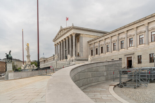 14 April 2026, Vienna, Austria. Austrian Parliament building with curved pathway and statues
