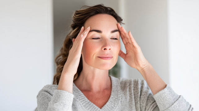 Woman massages glabella and temples with fingertips to reduce forehead wrinkles. Facial contouring routine, anti-aging selfcare, frown line smoothing, natural home spa ritual.
