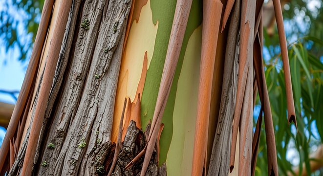 Close up of a colorful eucalyptus tree bark texture in natural sunlight