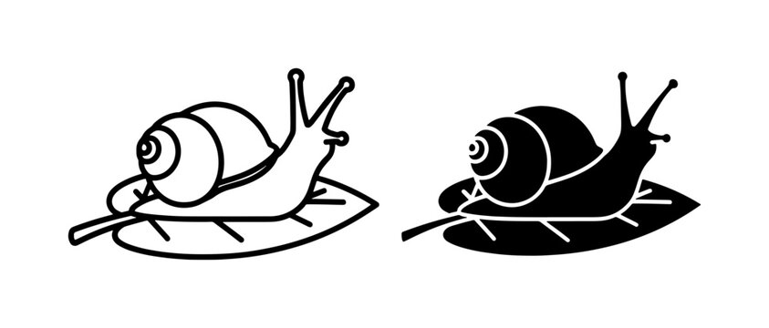 Snail crawling on leaf outline and silhouette icon set
