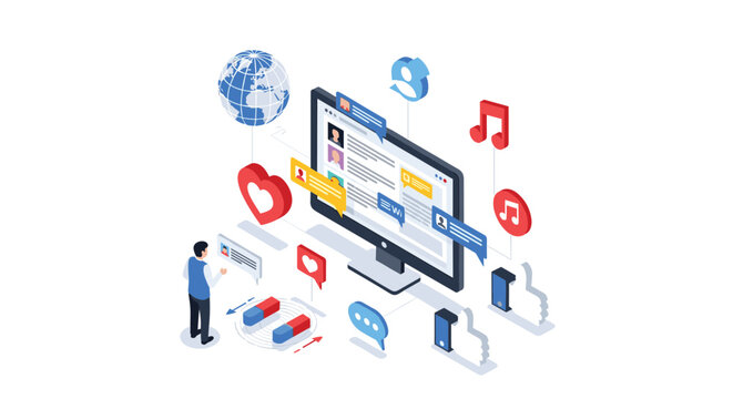 Male analyst monitors social media performance metrics and user engagement trends on a large computer screen workstation.