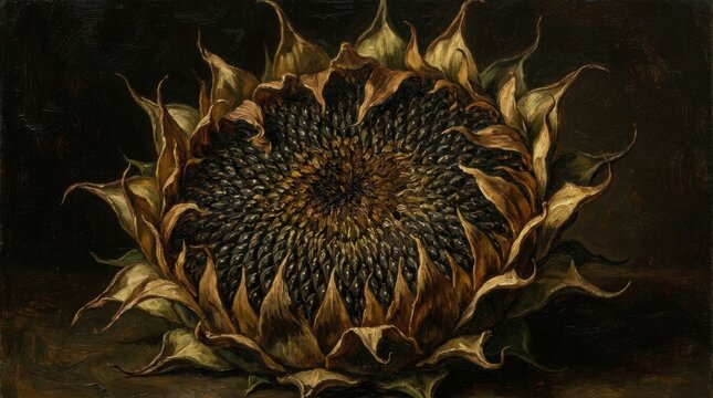 Sunflower Art depicting a mature seed head with curled sepals, dark harvest-toned floral painting rich in bronze accents, dense textures, and solemn end-of-season botanical grandeur in shadow