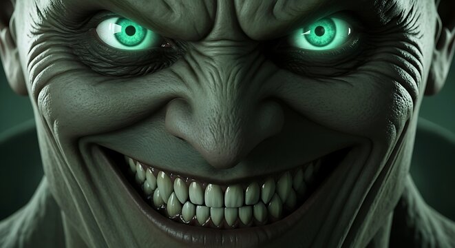 Close up of a grotesque character with glowing green eyes and a sinister smile