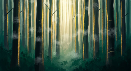 Obraz premium Illustration of tall green and dark tree trunks with gold accents in a misty forest, symbolizing mystery, nature, and tranquility in natural light