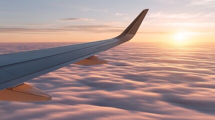 Obraz premium Airplane Wing at Sunset Over Soft Cloud Layer in Evening Sky