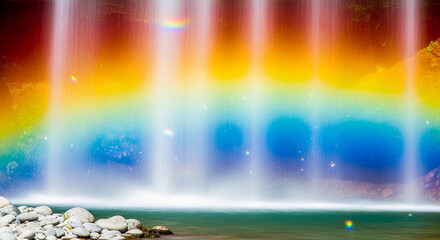 Fototapeta premium Water flows over rocks, creating vibrant rainbow reflection. Representing hope, peace, and the beauty of nature, ideal for travel or serenity themes
