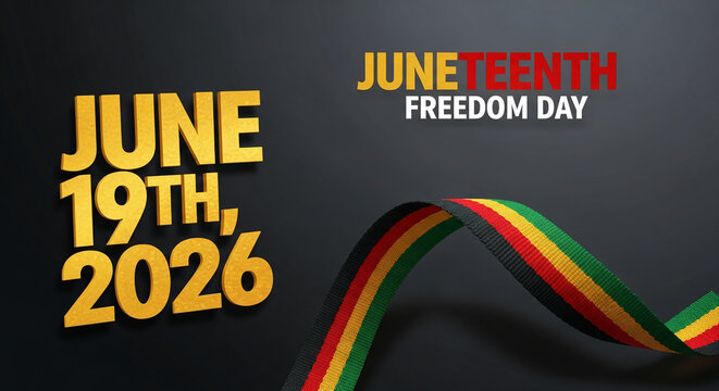 Image shows Juneteenth text with ribbon of black, red, yellow, green on a dark backdrop, representing celebration of freedom, diversity, and heritage