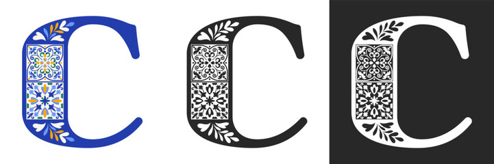 Capital letter C with mediterranean tile pattern. Letter C with floral geometric ornament. Creative alphabet. Decorated typography letters. Vintage patterned font. Isolated vector illustration © Pagina