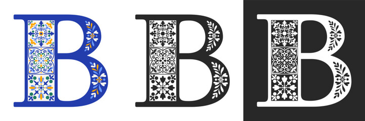 Capital letter B with mediterranean tile pattern. Letter B with floral geometric ornament. Creative alphabet. Decorated typography letters. Vintage patterned font. Isolated vector illustration © Pagina