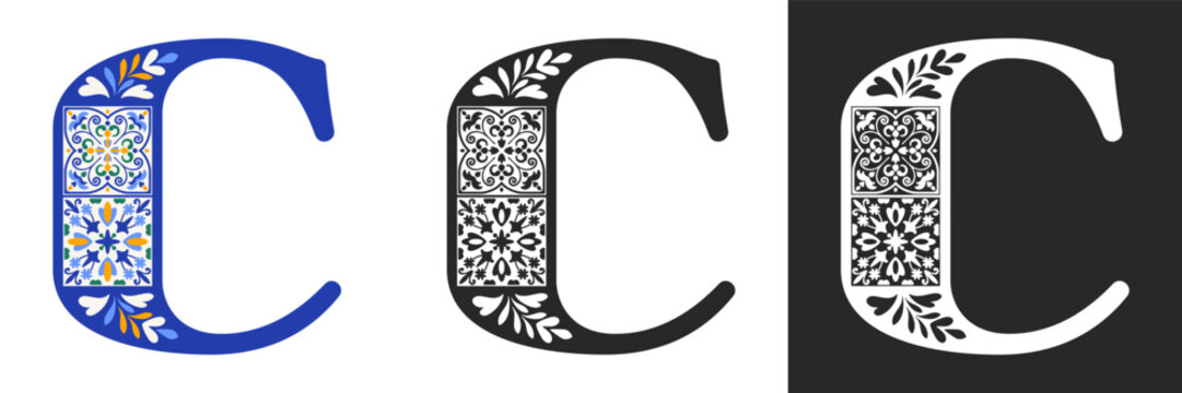 Capital letter C with mediterranean tile pattern. Letter C with floral geometric ornament. Creative alphabet. Decorated typography letters. Vintage patterned font. Isolated vector illustration
