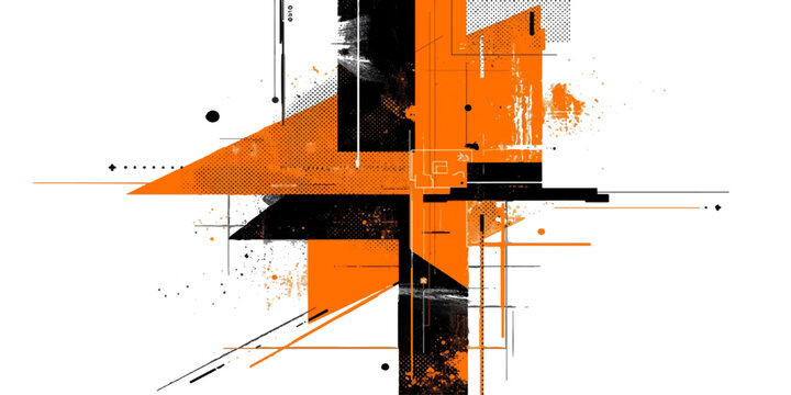 An abstract grunge vector illustration features a conceptual architectural project drawing on paper with pencil elements, blending industrial metal textures and modern home design technology