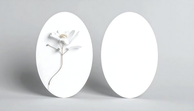 Two Minimalist White Oval Cards Leaning With A Delicate Flower For Botanical Mockup Design On A Neutral Gray Background