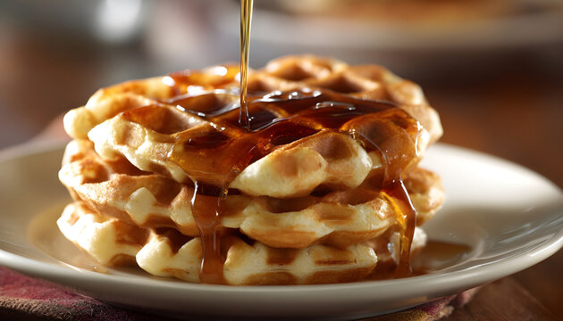 A delicious stack of waffles with warm syrup being drizzled over them. Perfect for breakfast or brunch menus and food-related projects.