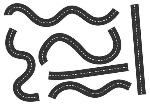 Conjunto de tramos de carretera asfaltada con l&iacute;neas discontinuas en diversas formas curvas y rectas